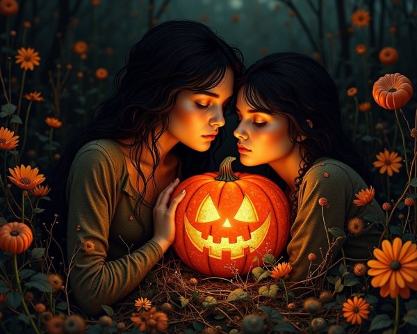 Autumn Scene with Women and Glowing Jack-o'-Lantern