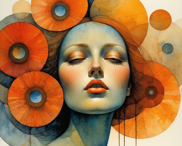 Serene Woman with Vibrant Orange Circular Adornments