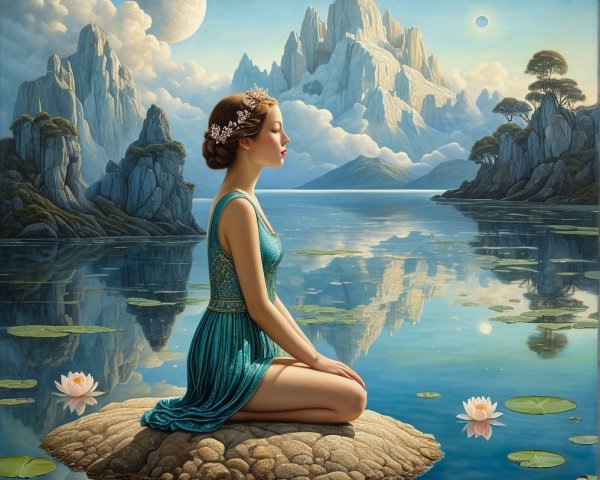 Serene Woman Meditates on Stone in Tranquil Lake