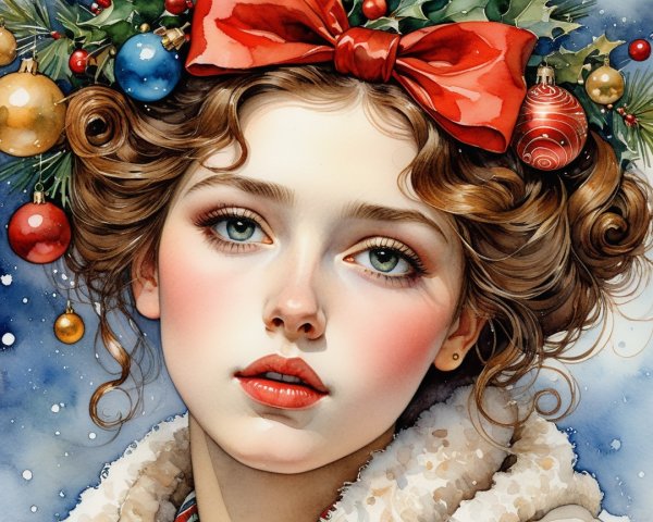 Young Woman with Green Wreath in Snowy Setting