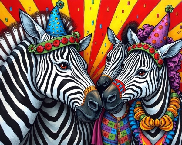 Playful Zebras in Colorful Party Hats with Bright Background