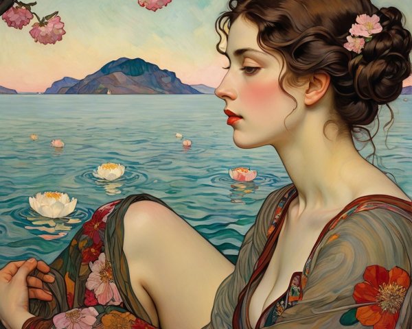 Serene Woman by Tranquil Lake with Blossoms and Reflections