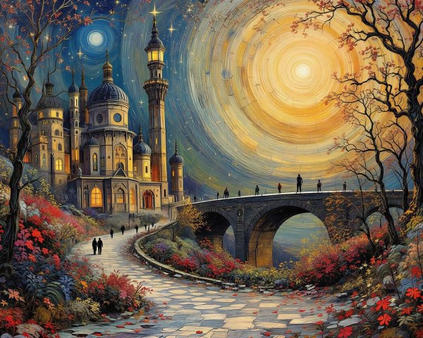 Vibrant Fantasy Landscape Painting at Dusk