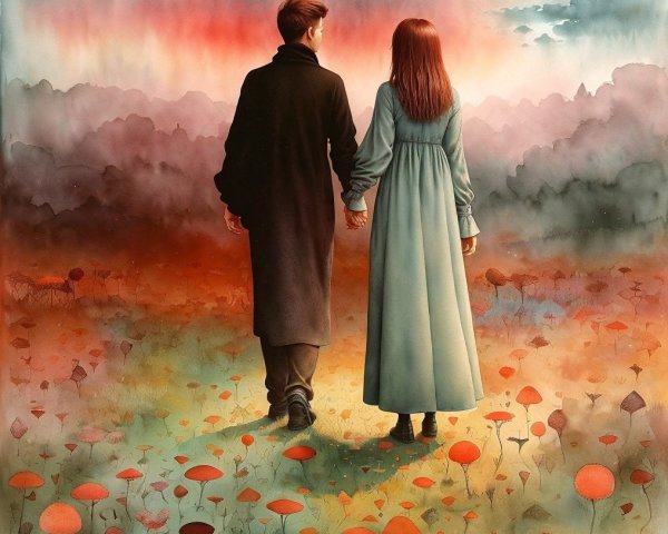 Couple Strolling Through Vibrant Mushroom Landscape