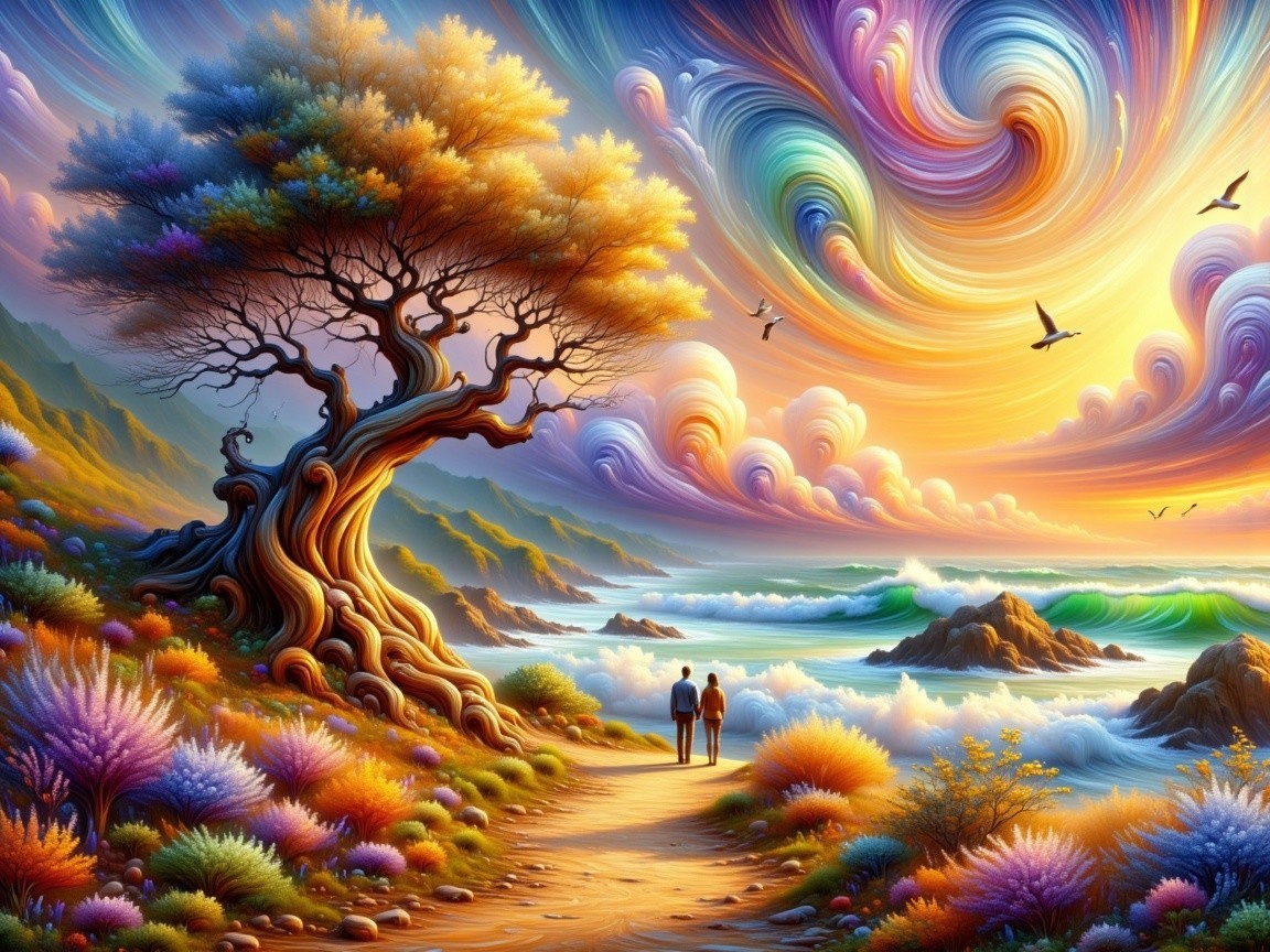 Vibrant Sunset Landscape with Ocean and Figures