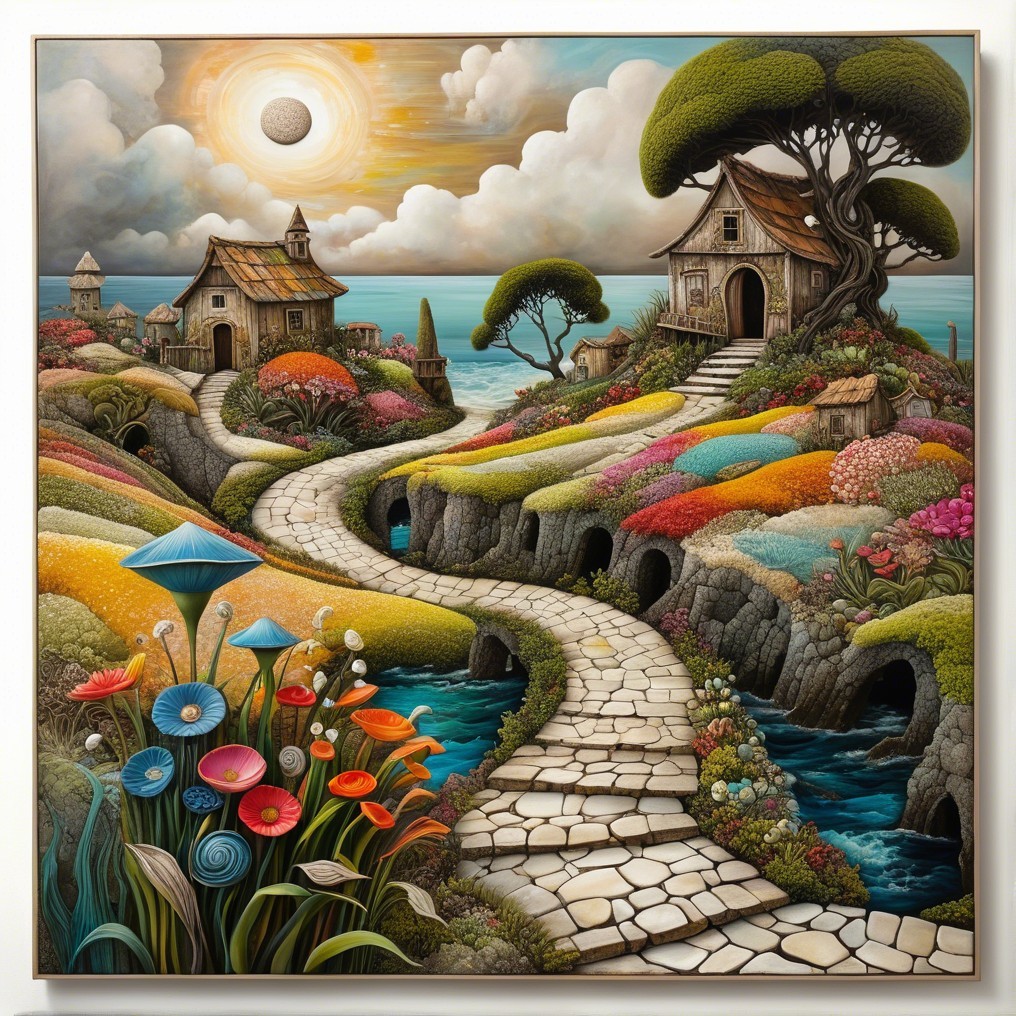 Whimsical Landscape with Charming Houses and Nature