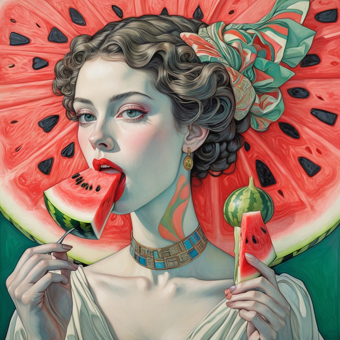 Young woman with curls enjoying watermelon slice