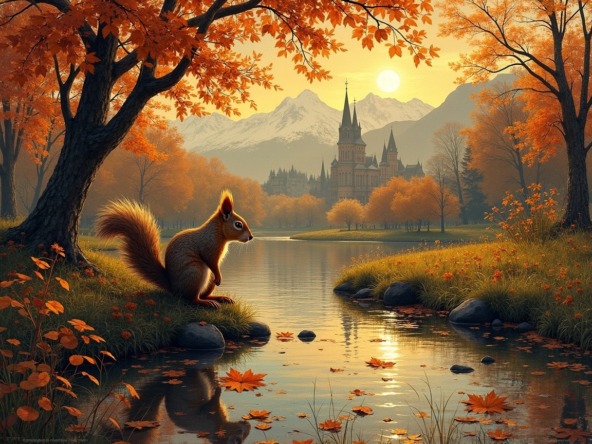 Autumn Landscape with Lake, Castle, and Foliage