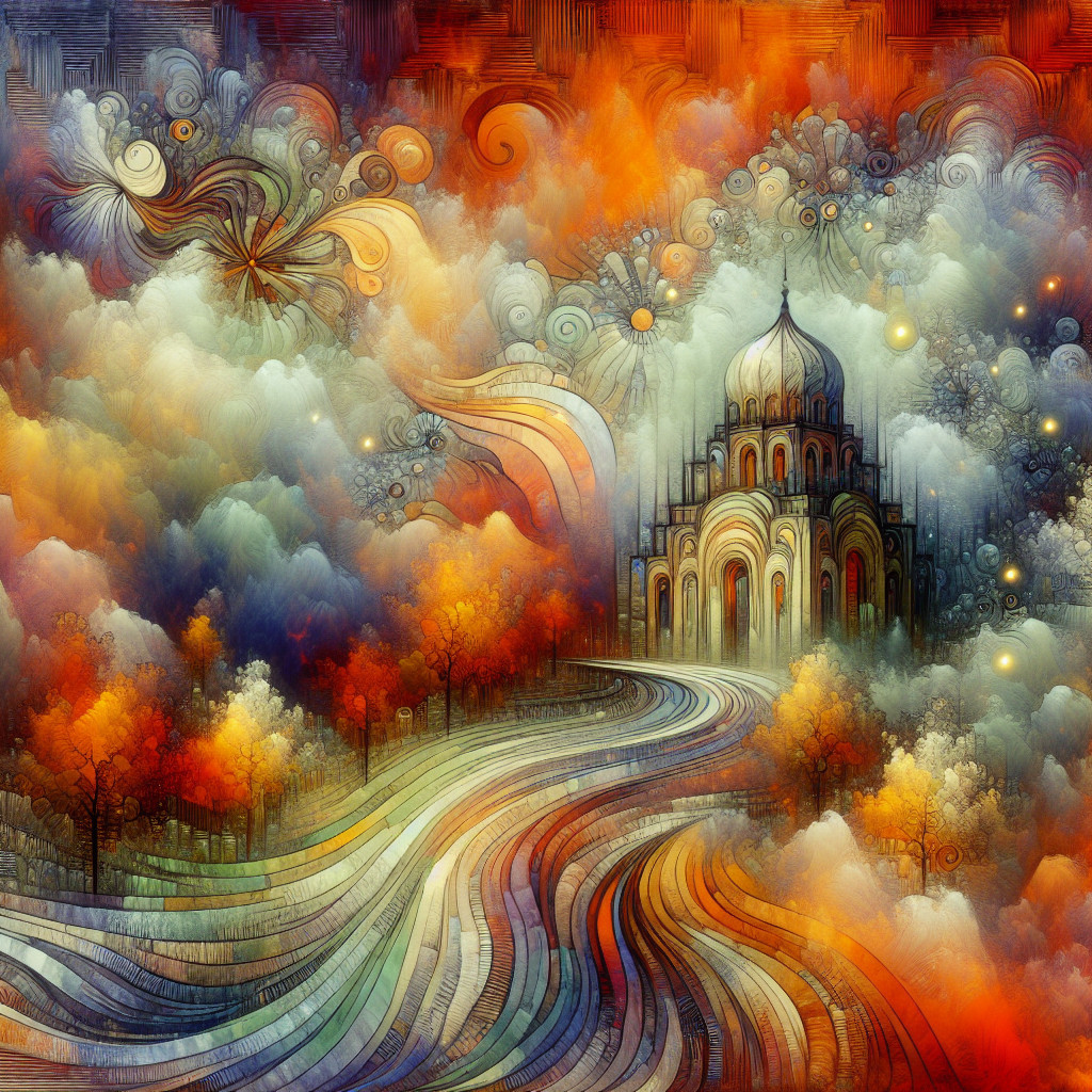 Surreal Landscape with Ornate Mosque and Colorful Road