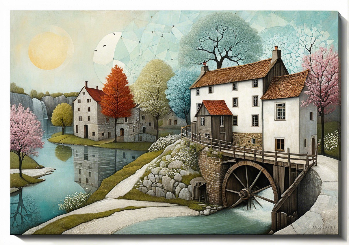 Quaint Riverside Landscape with Charming Houses and Trees