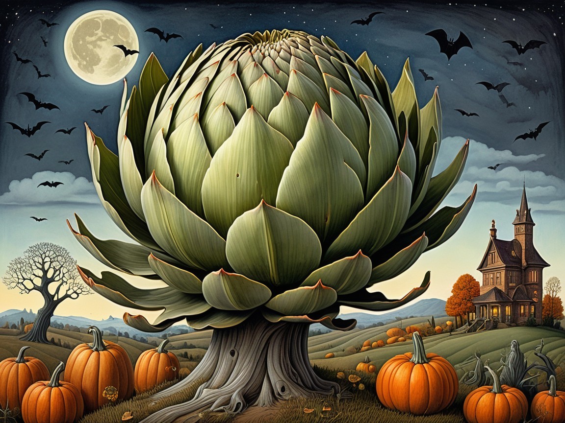 Whimsical Artichoke Tree and Halloween Landscape