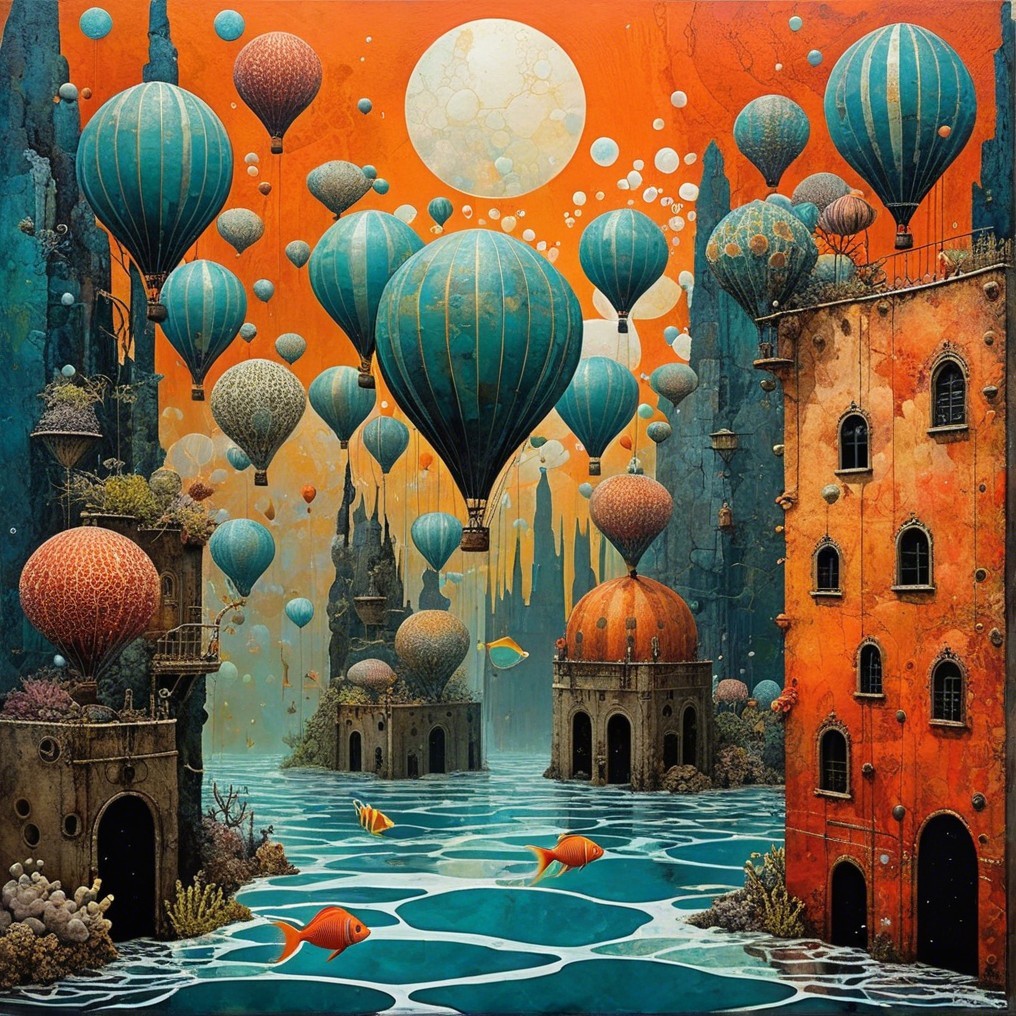 Surreal Landscape with Colorful Hot Air Balloons
