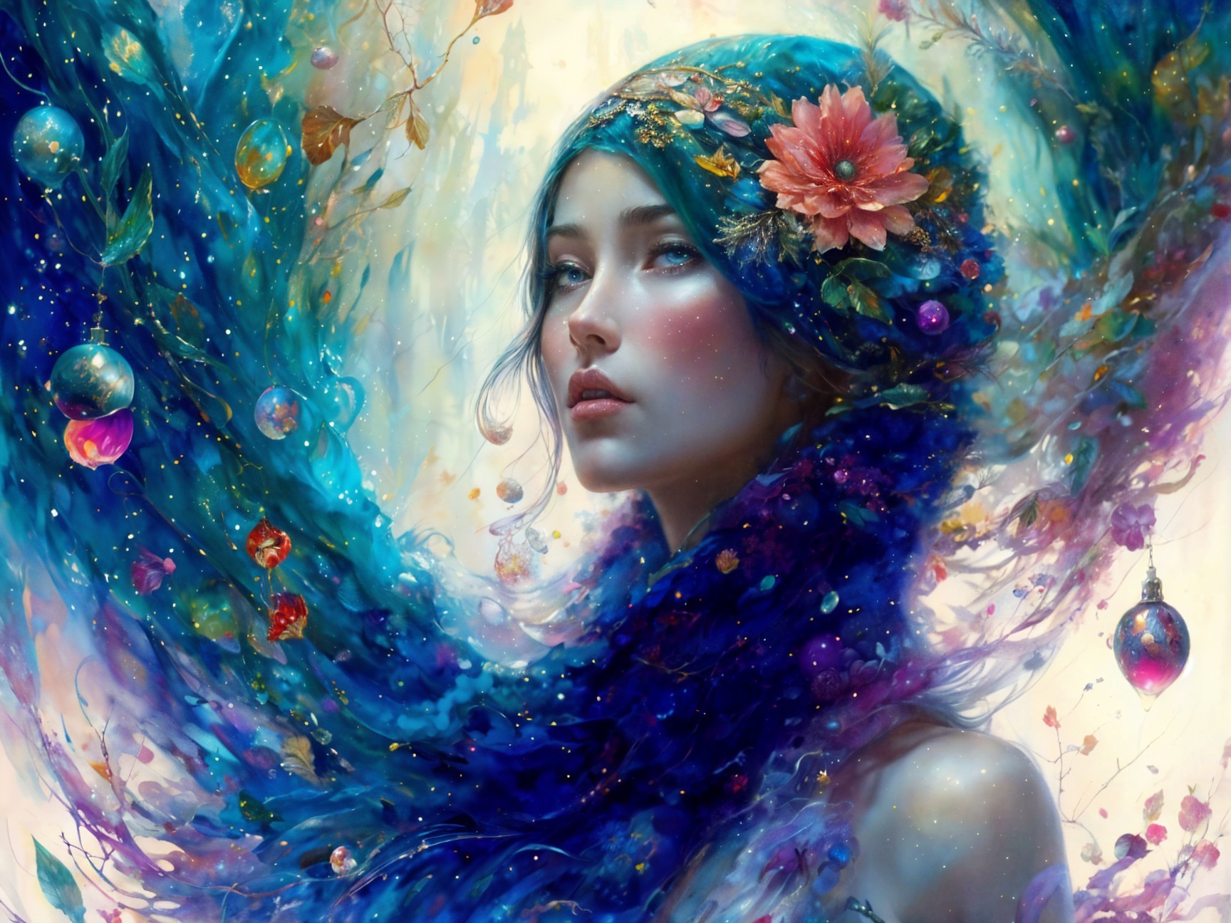 Portrait of a woman with flowing hair in vibrant colors