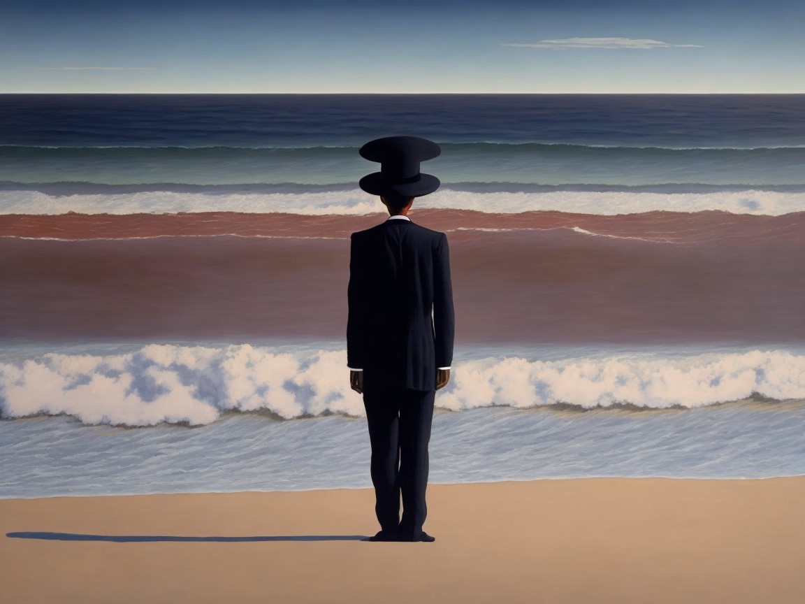 Man in Suit and Top Hat on Serene Beach