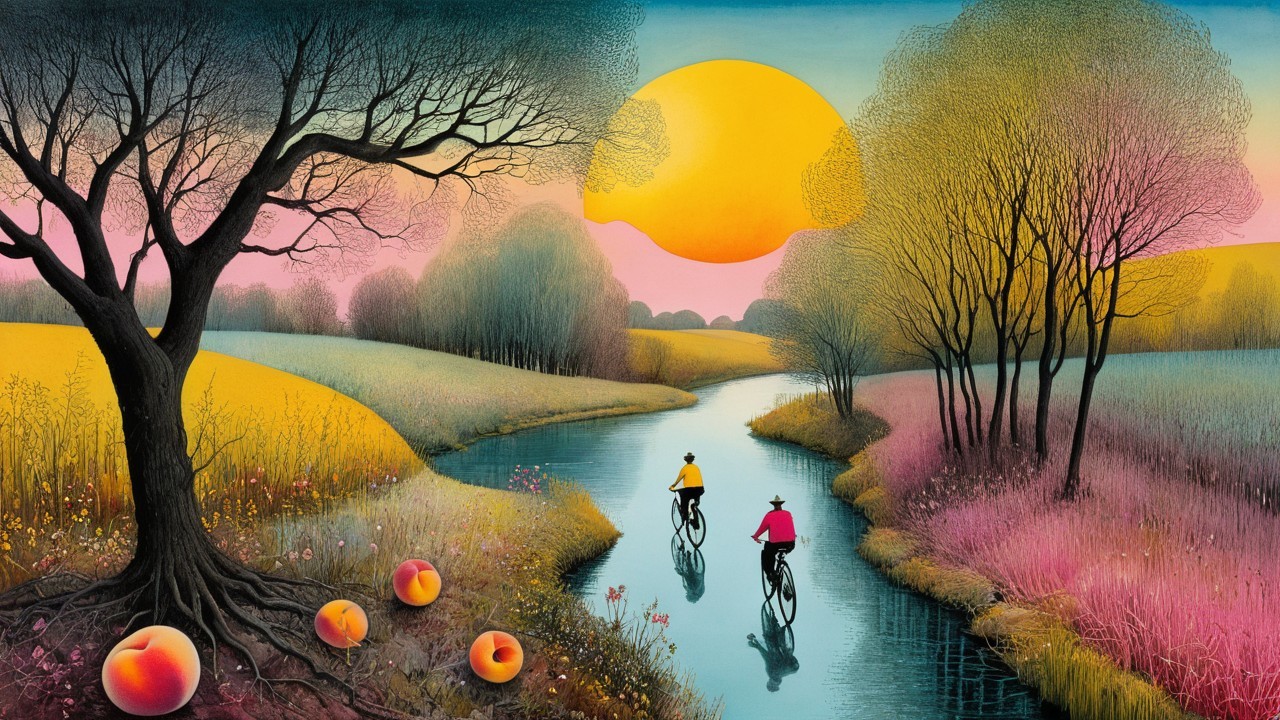 Cyclists Riding Along a Serene Sunset River Scene