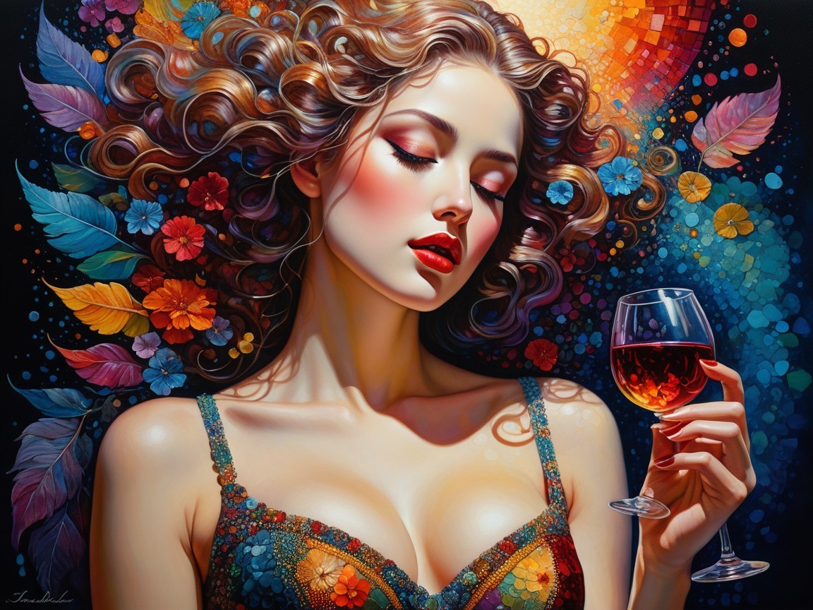 Woman with Curly Hair Holding Red Wine in Colorful Setting