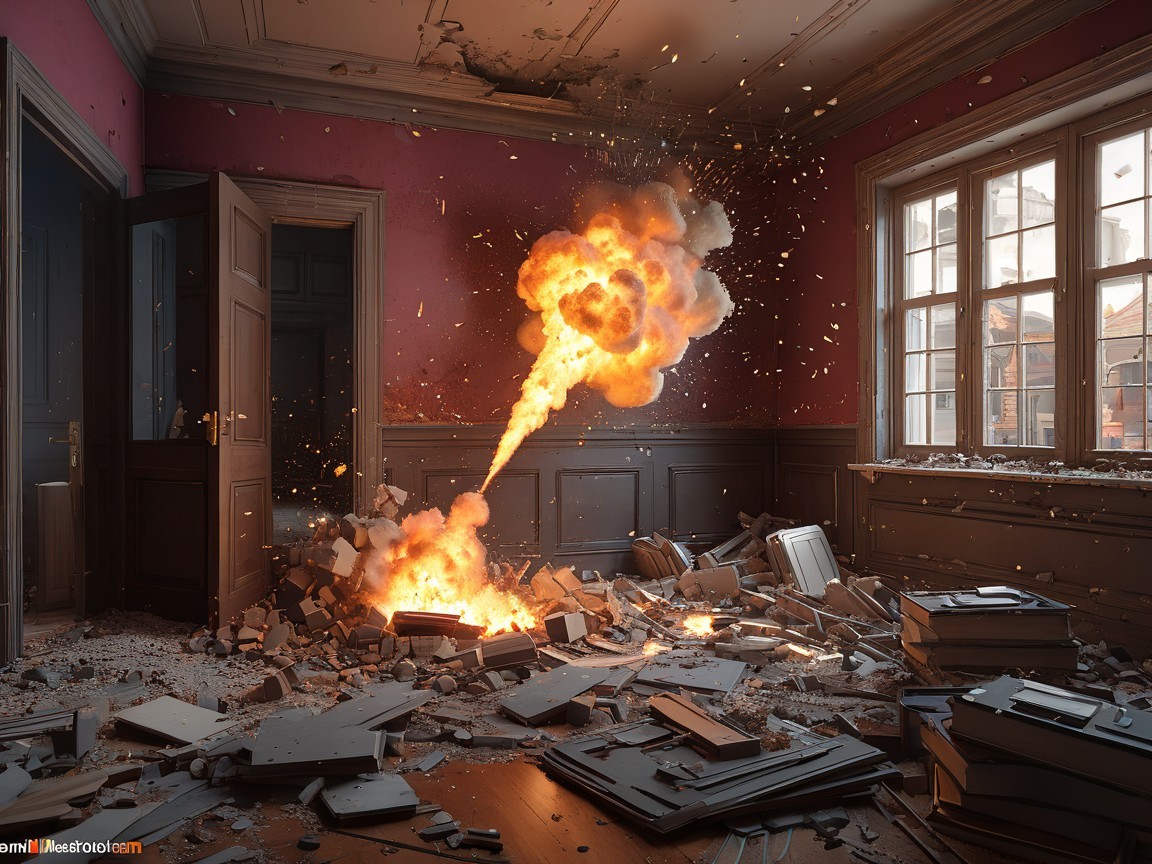 Dilapidated room with explosion and fireball chaos