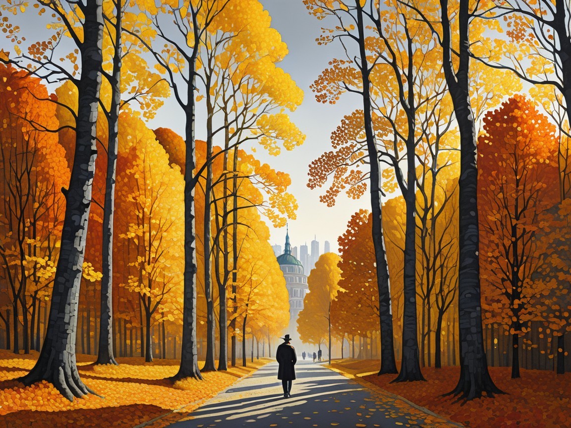 Autumn Pathway with Vibrant Leaves and Trees