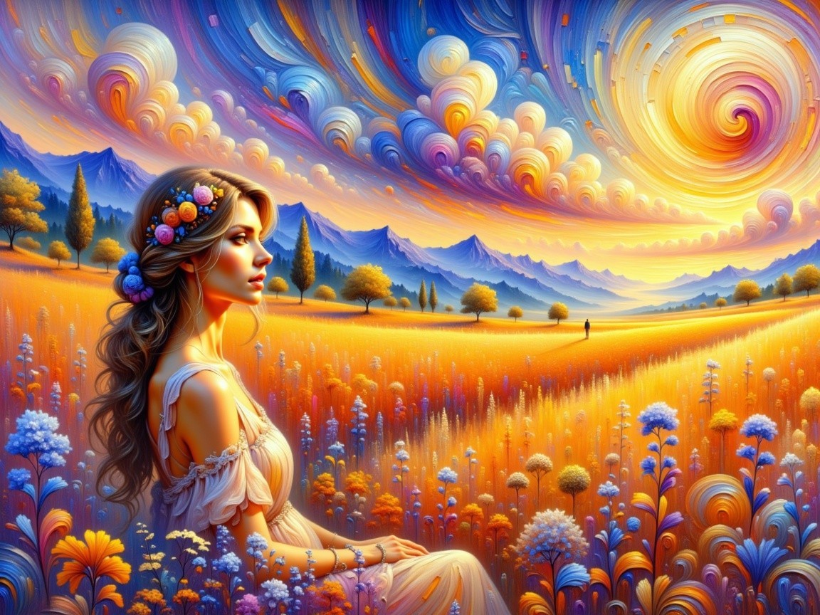Serene Landscape with Woman and Vibrant Nature Elements