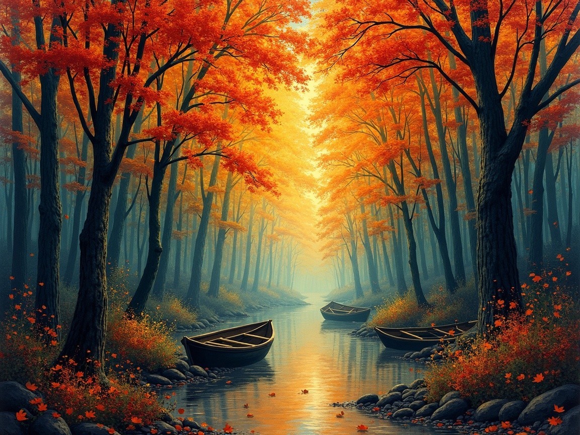 Autumn River Scene with Vibrant Foliage and Boats