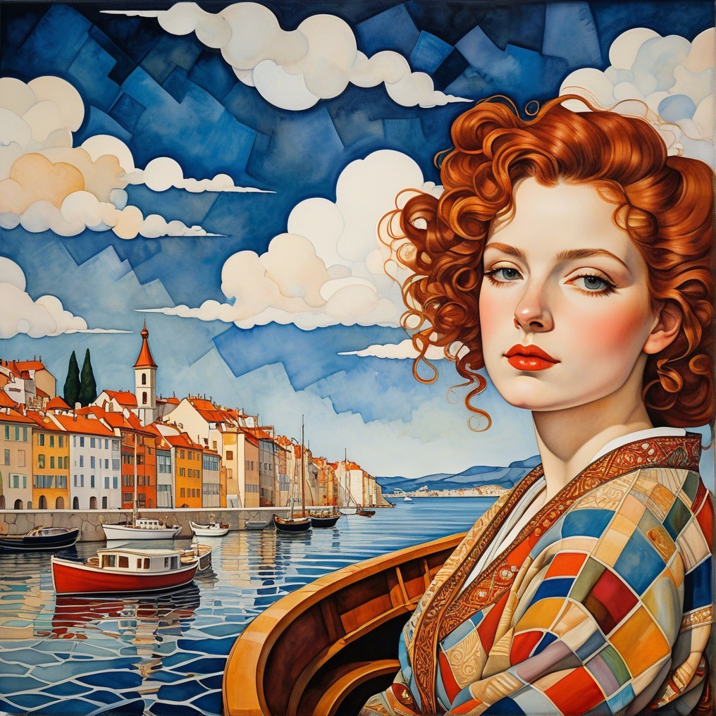 Vibrant Portrait of a Woman on a Boat with Coastal Town