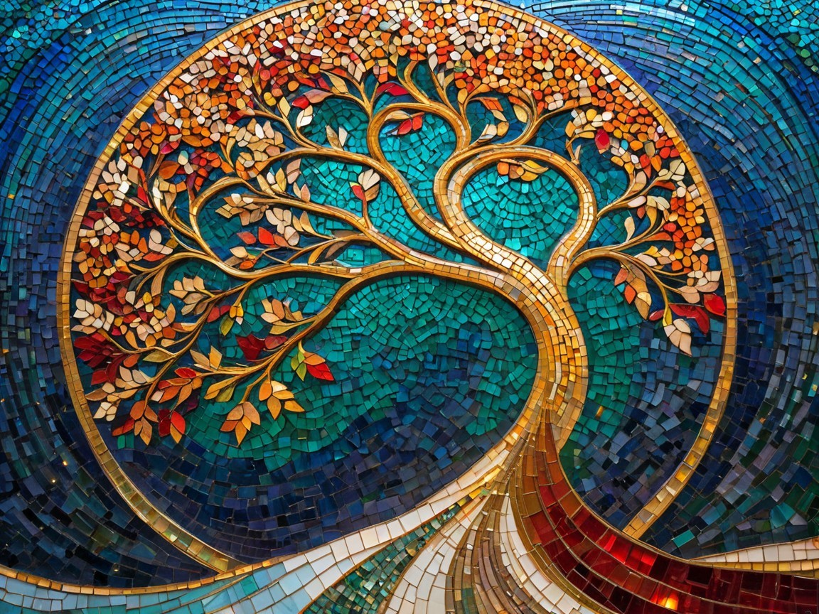 Vibrant Mosaic of a Tree with Turquoise Background