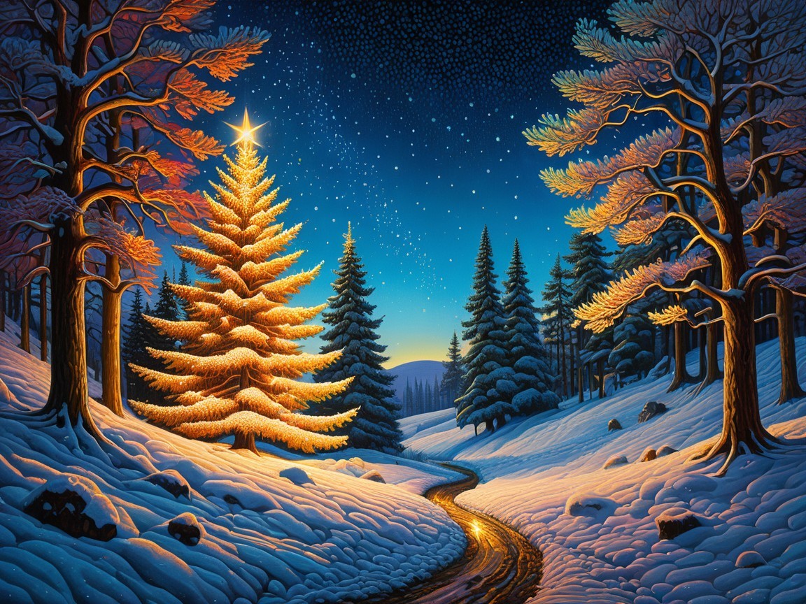 Fantastical Winter Landscape with Golden Christmas Tree