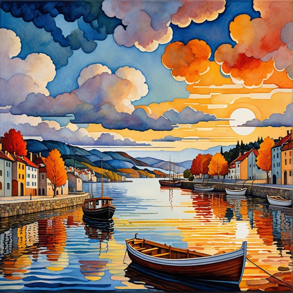 Tranquil Harbor Landscape at Sunset with Colorful Clouds