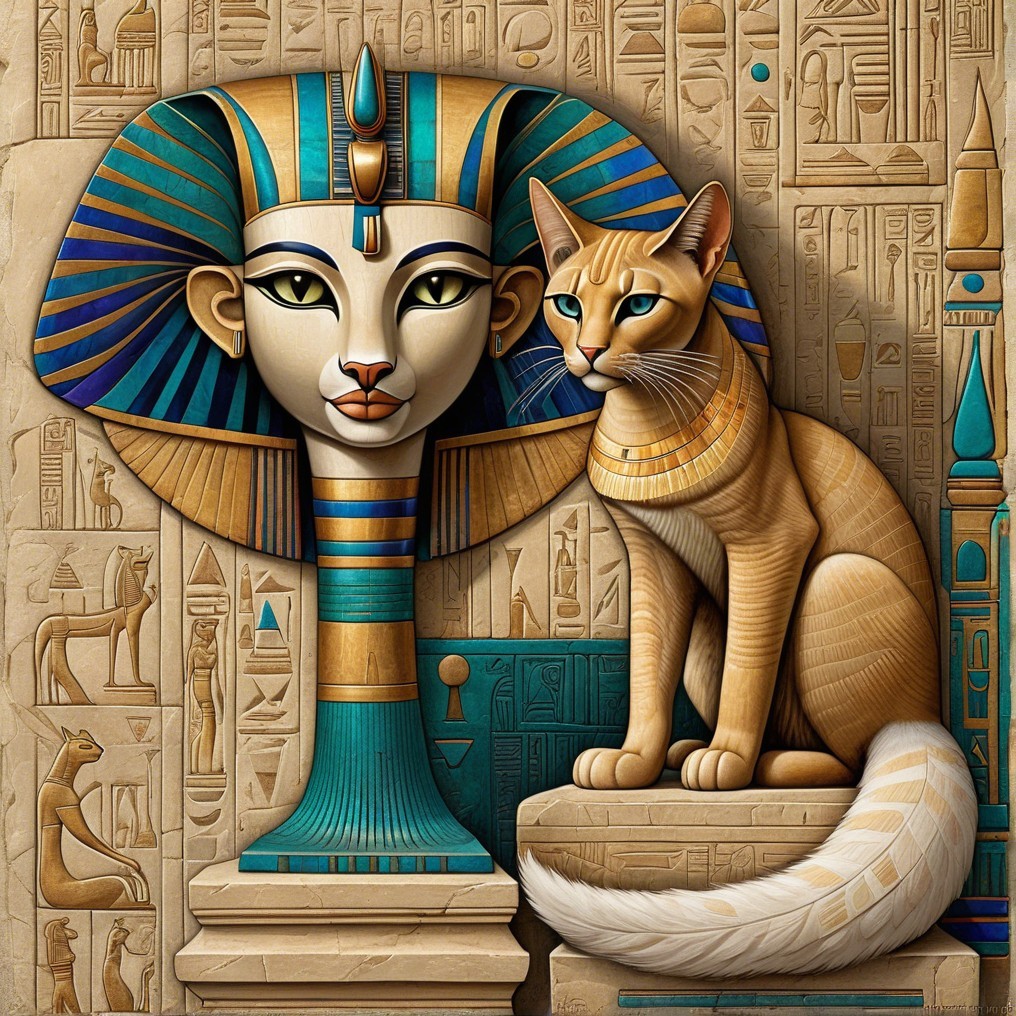 Stylized Pharaoh Head with Cat and Hieroglyphs