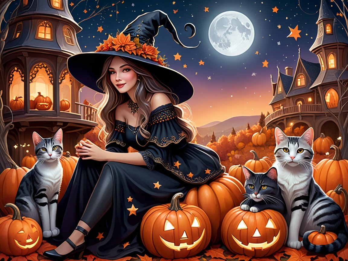 Magical Halloween Scene with Witch and Pumpkins