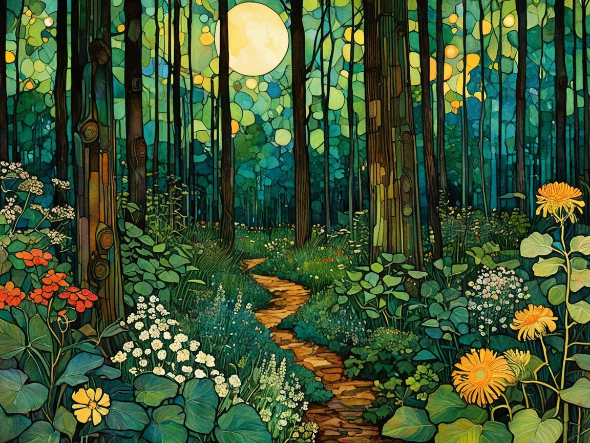 Vibrant Forest Scene Under a Glowing Full Moon