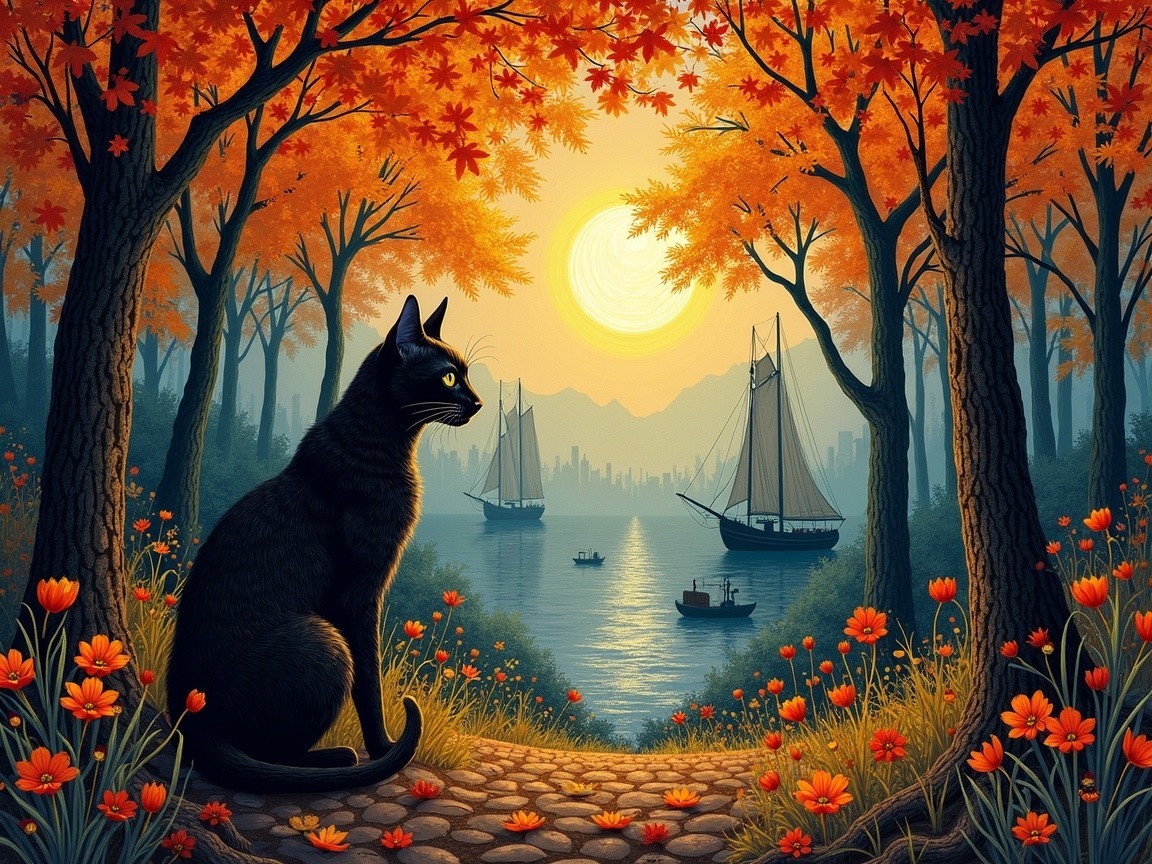 Autumn Landscape with Black Cat and Vibrant Foliage