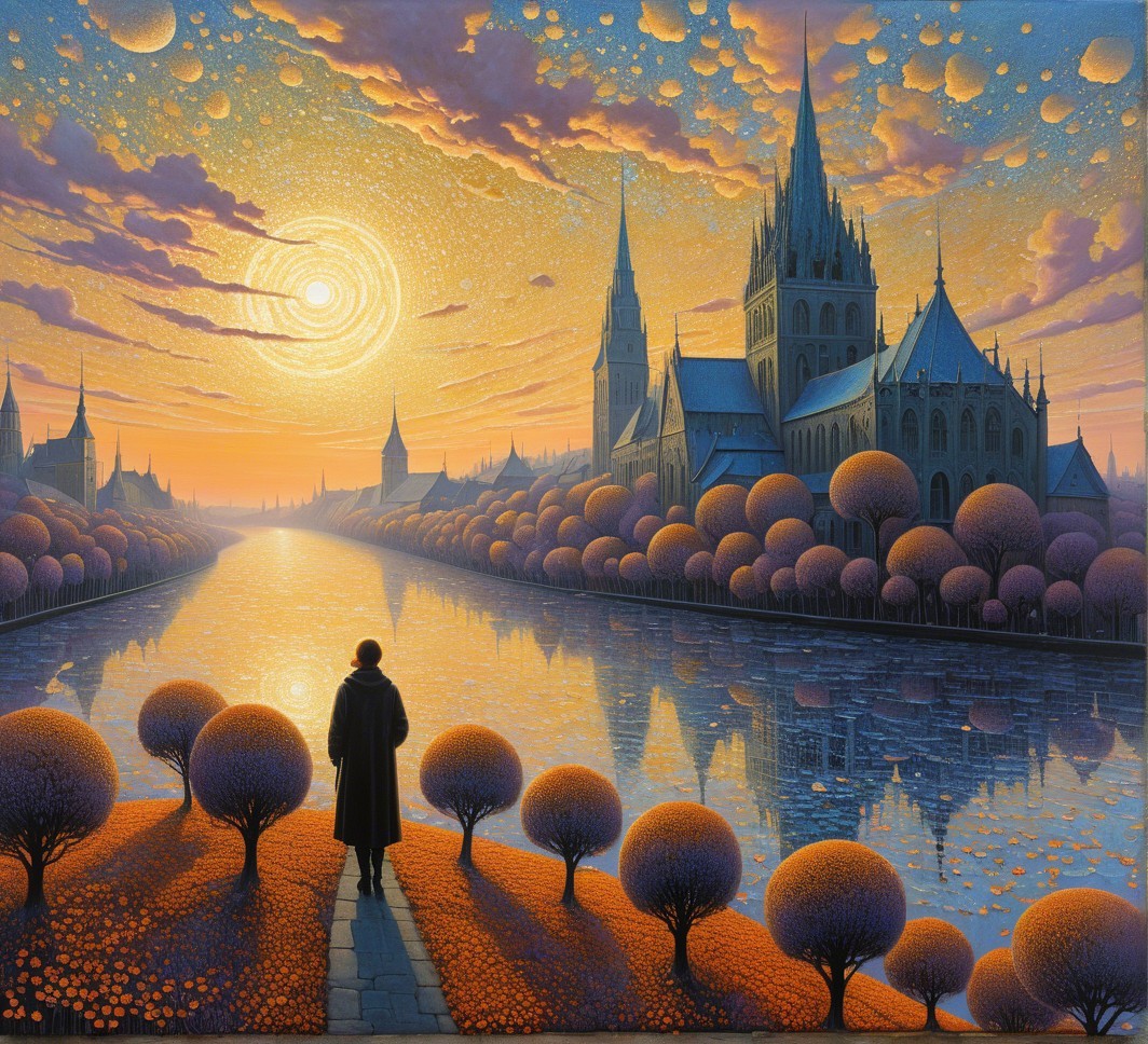 Serene Sunset Landscape with River and Unique Architecture