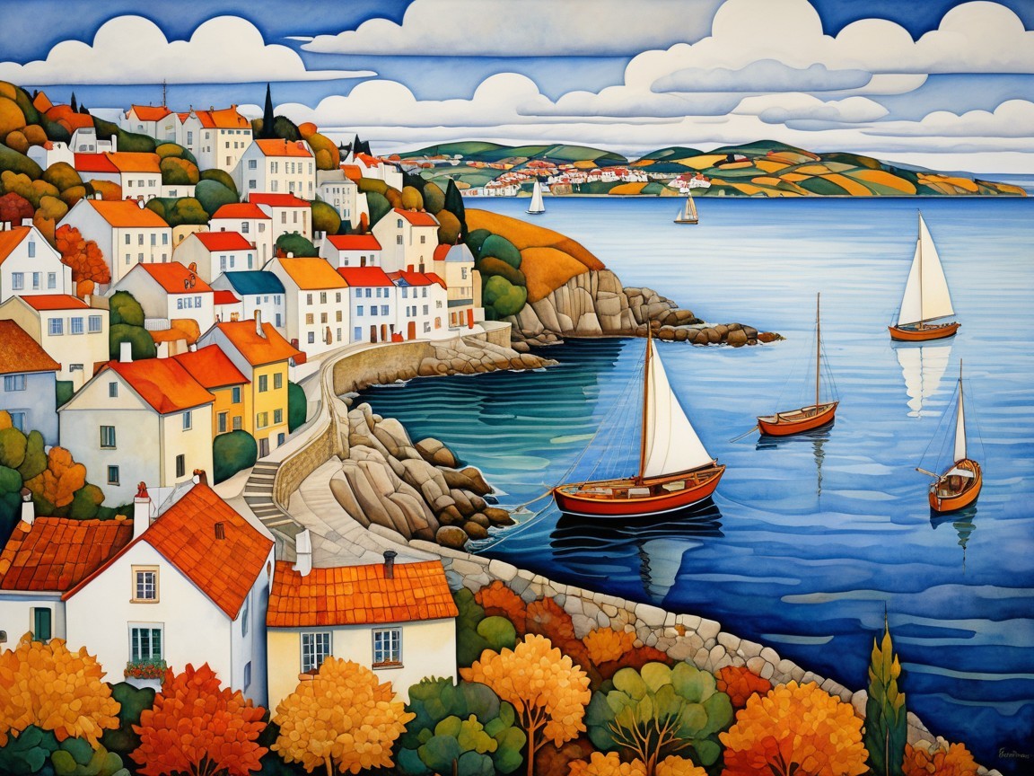 Charming Coastal Scene with Sailboats and Red Roofs
