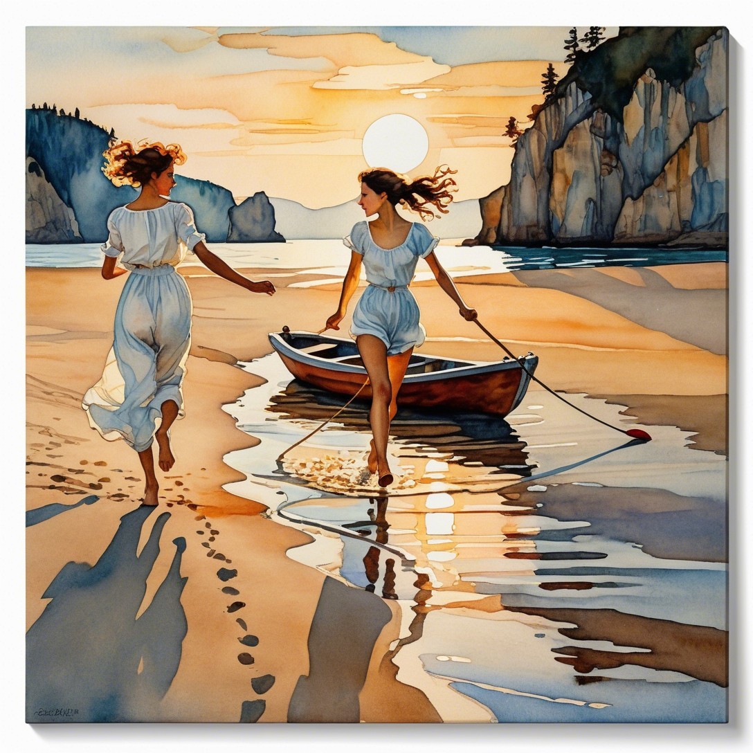 Women in White Dresses on Sunset Beach