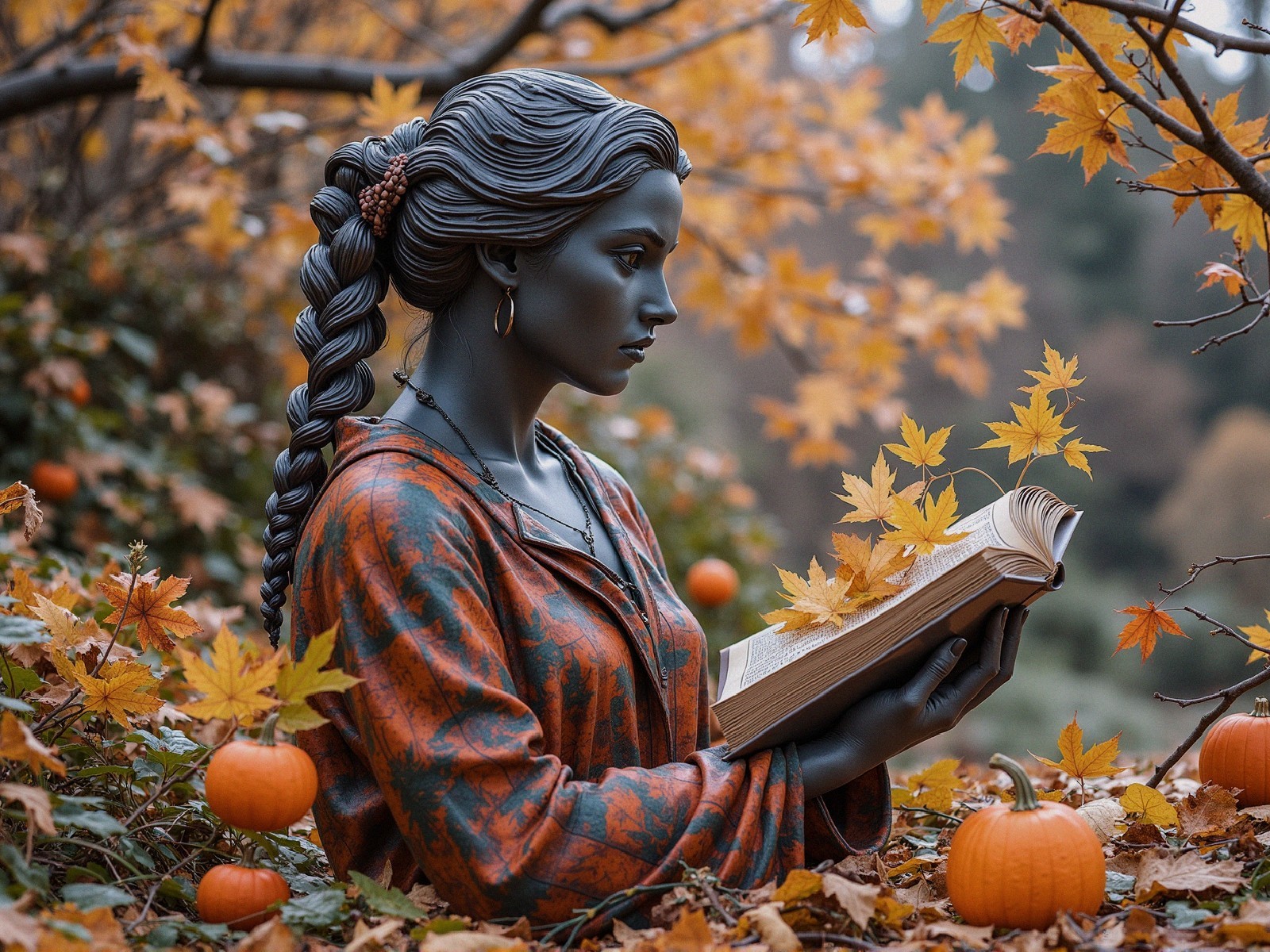 Statue of Woman Reading Amid Autumn Foliage