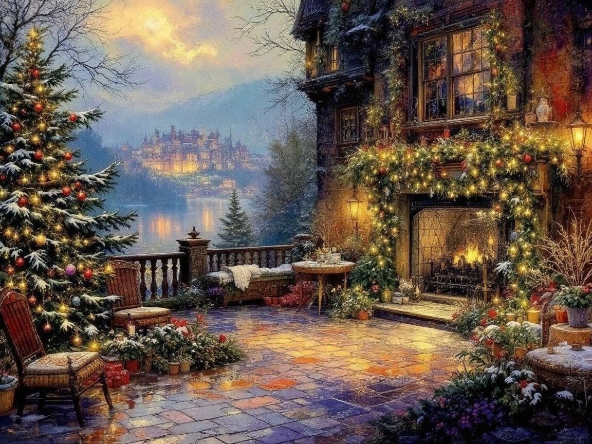 Cozy Winter Evening with Christmas Tree and Firepit