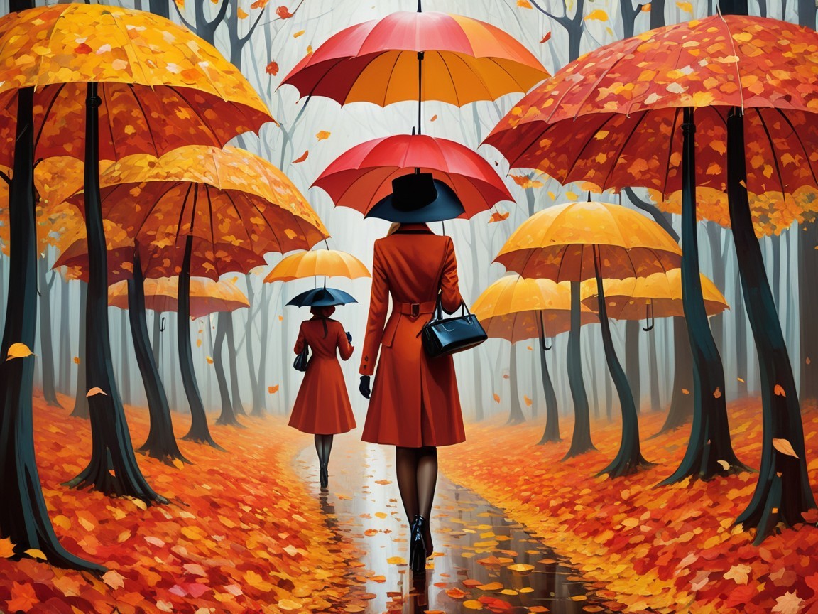 Two figures in red coats on a foggy autumn path