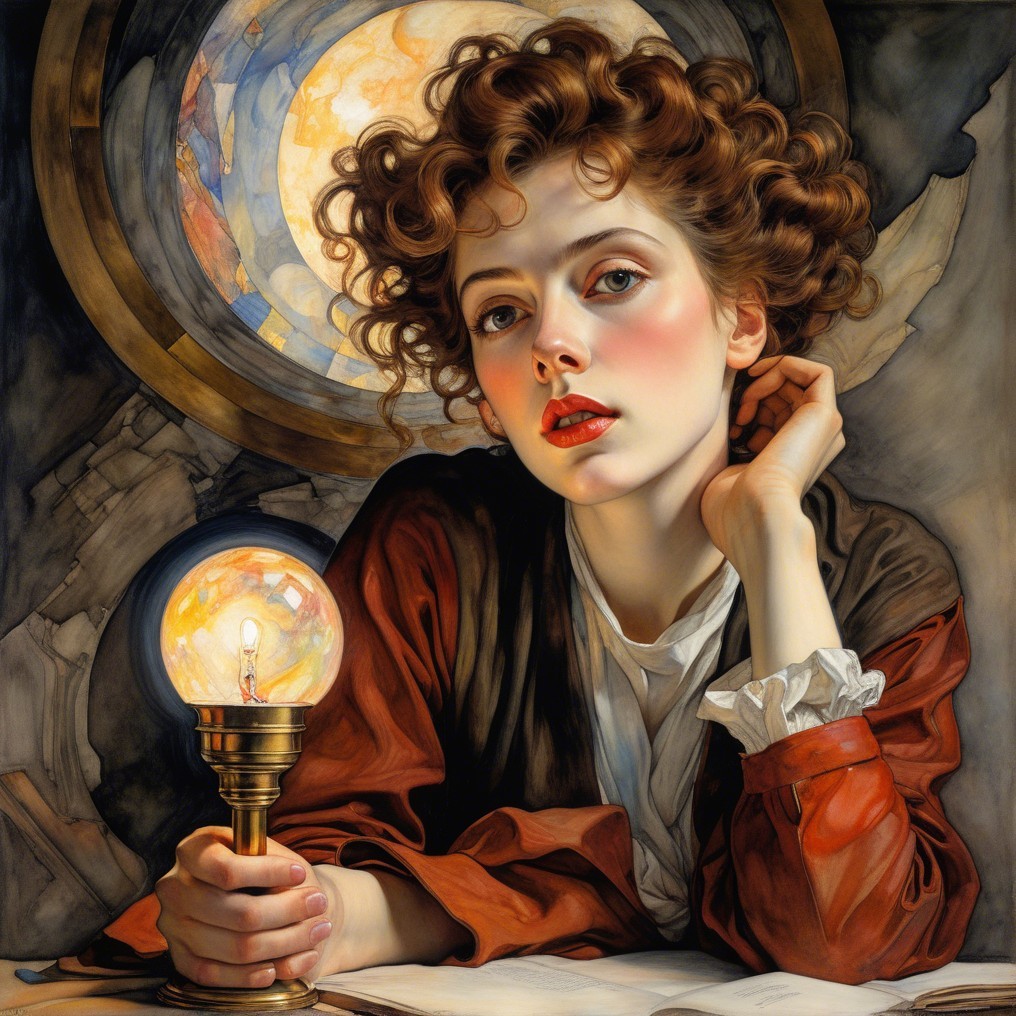 Young woman with curly hair holding glowing orb