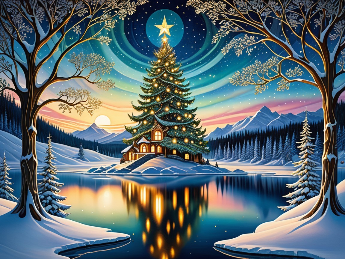 Winter Scene with Christmas Tree and Cozy Cabin