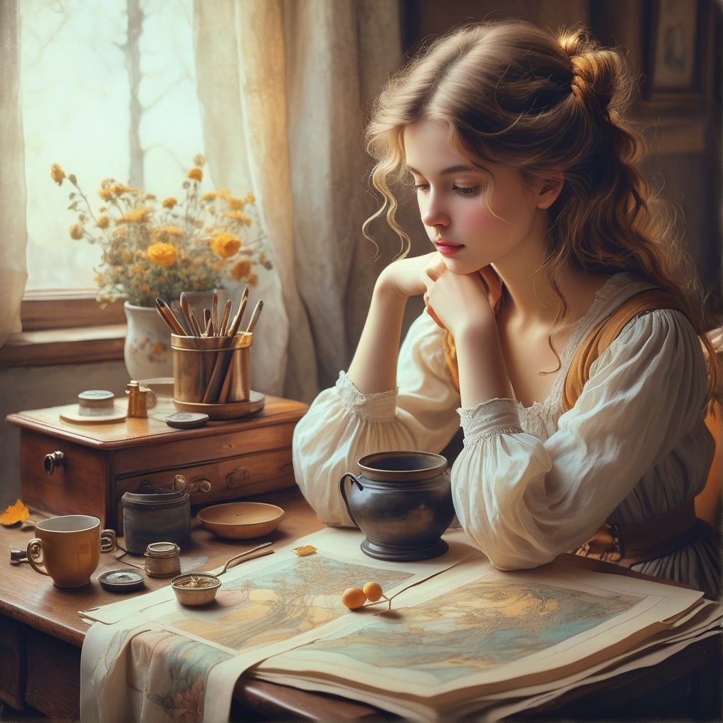 Young Woman Contemplating Over Map and Art Supplies