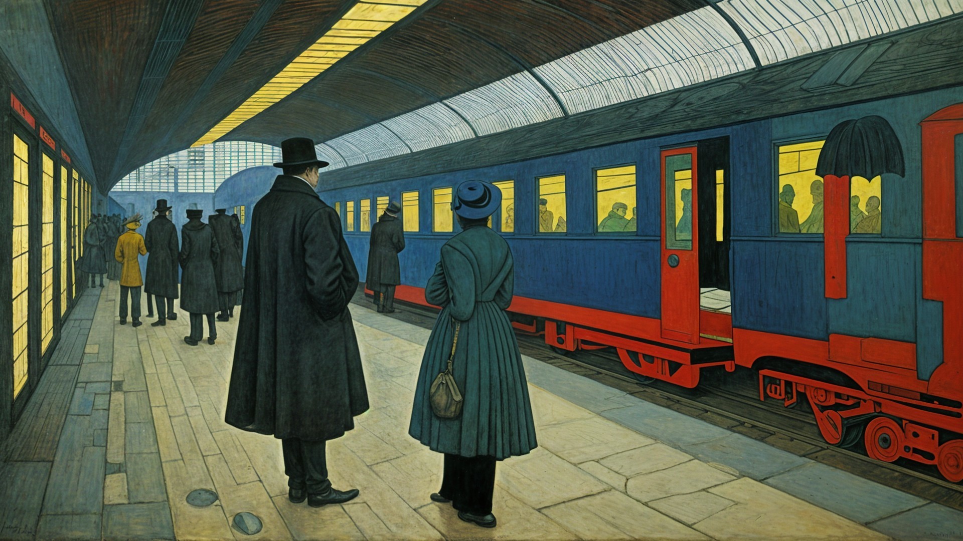 Vintage Train Station with Figures and Warm Lighting