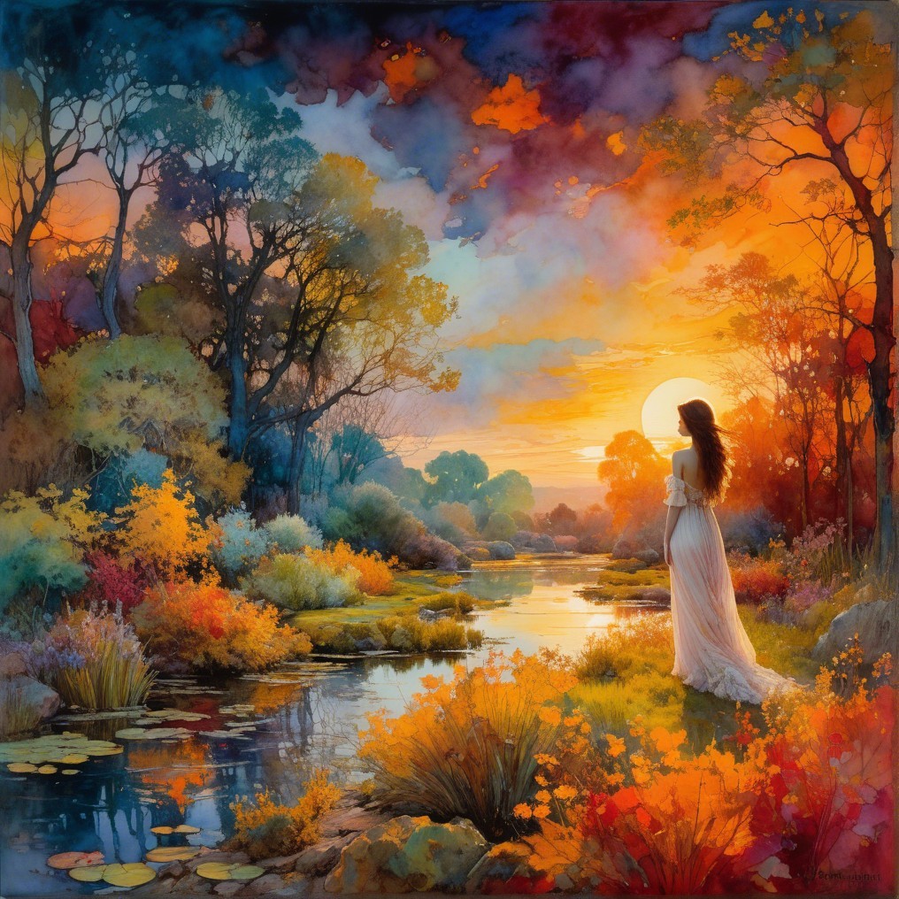 Serene Sunset Landscape with Woman by Tranquil River