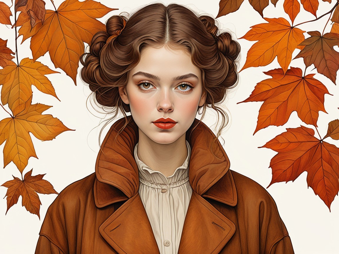 Young woman in oversized coat among autumn leaves