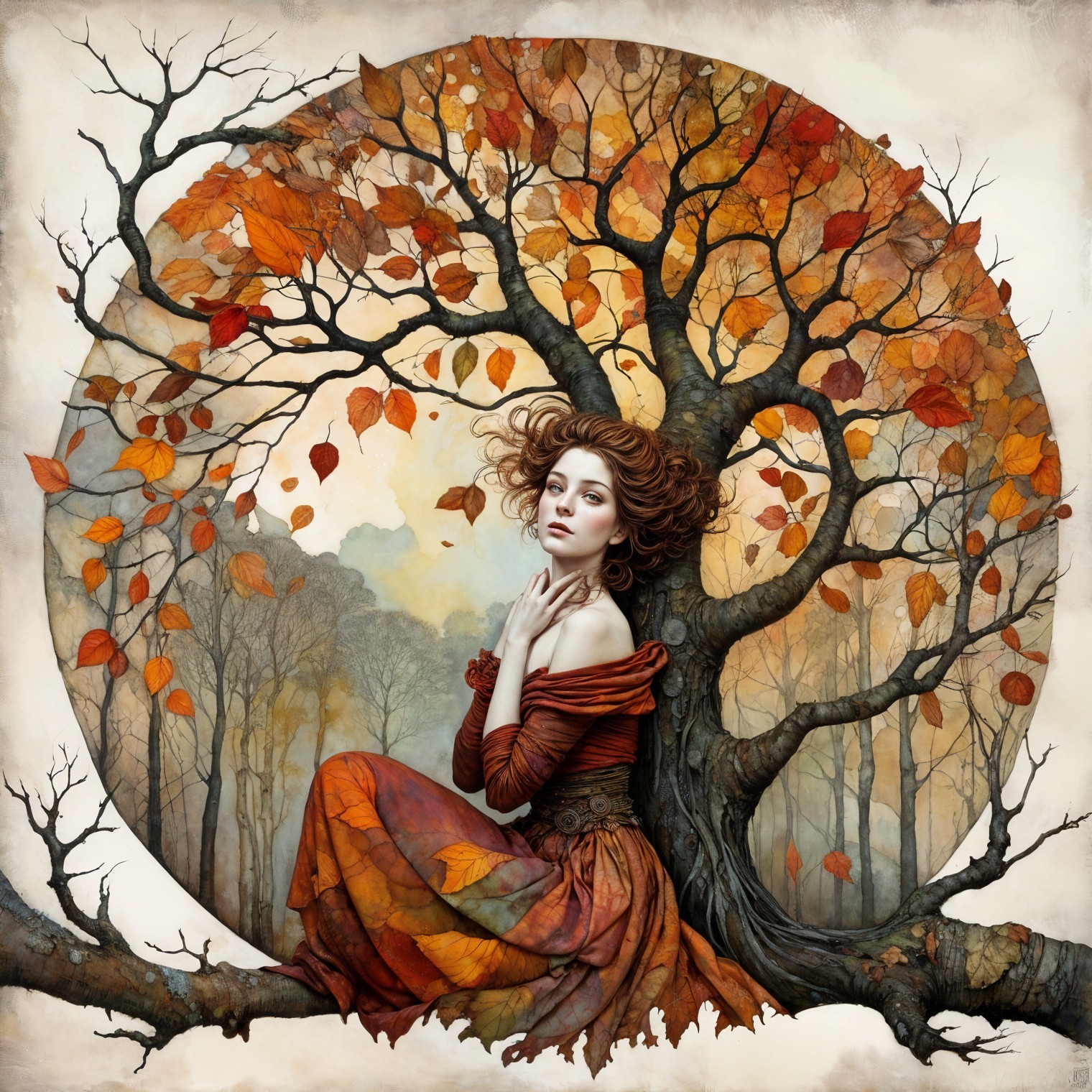 Young Woman in Autumn Setting by Bare Tree