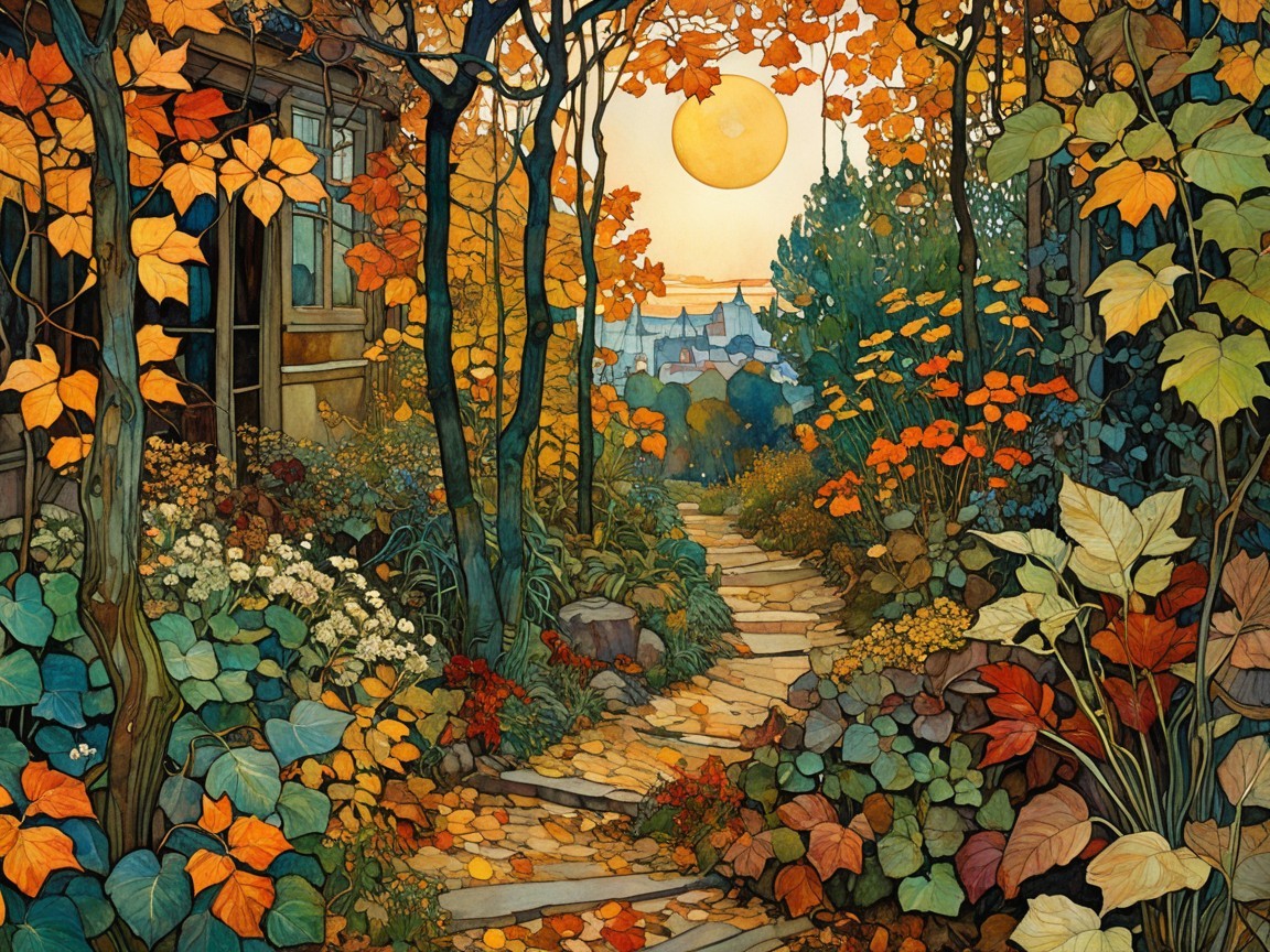Autumn Pathway with Colorful Leaves and Sunlight