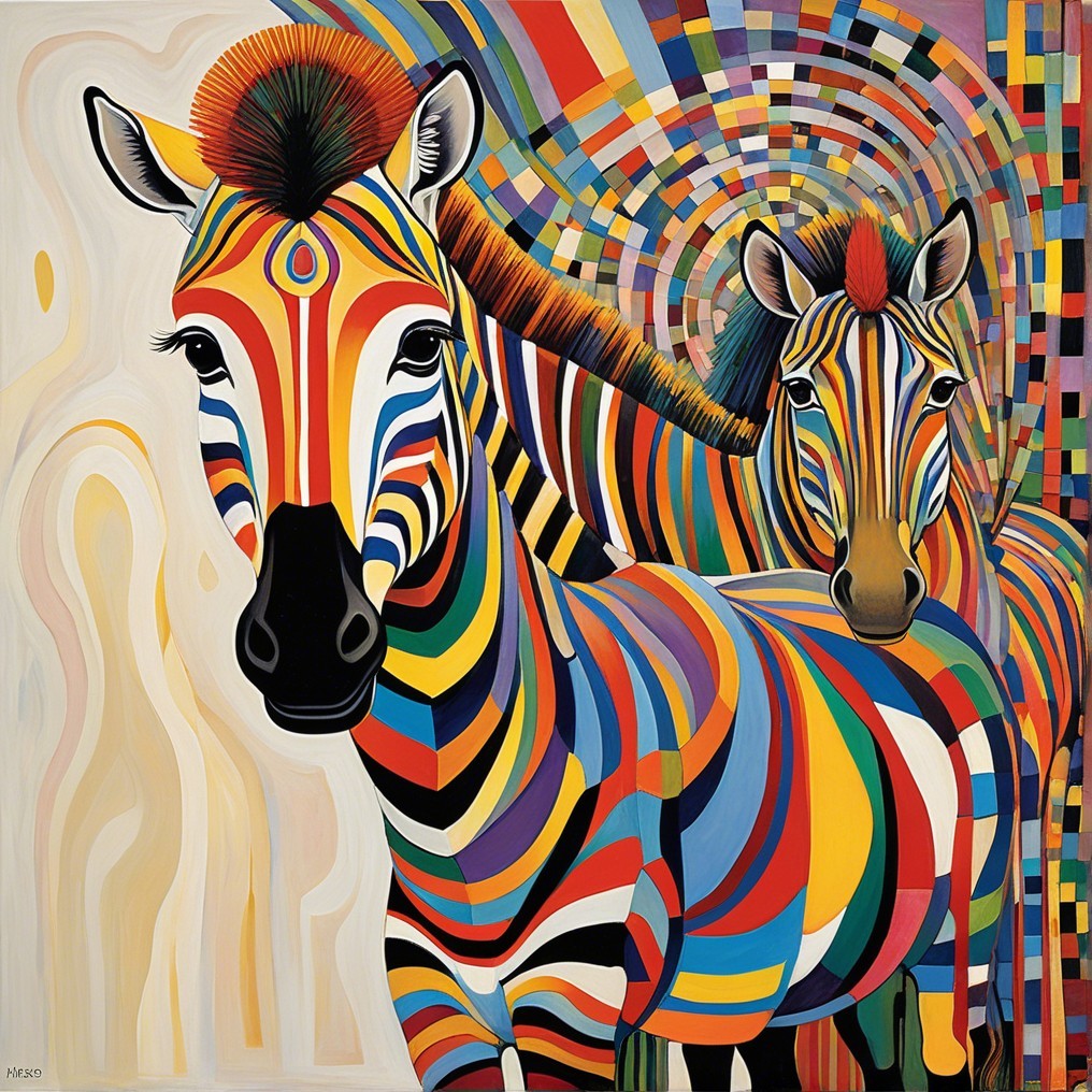 Stylized Zebras with Colorful Patterns and Abstract Background
