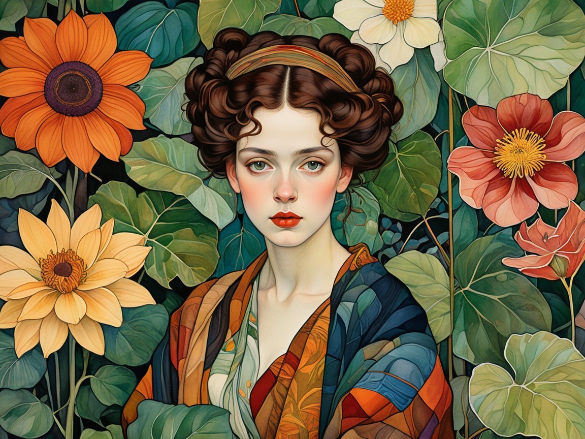 Young woman in vibrant floral backdrop with serene expression