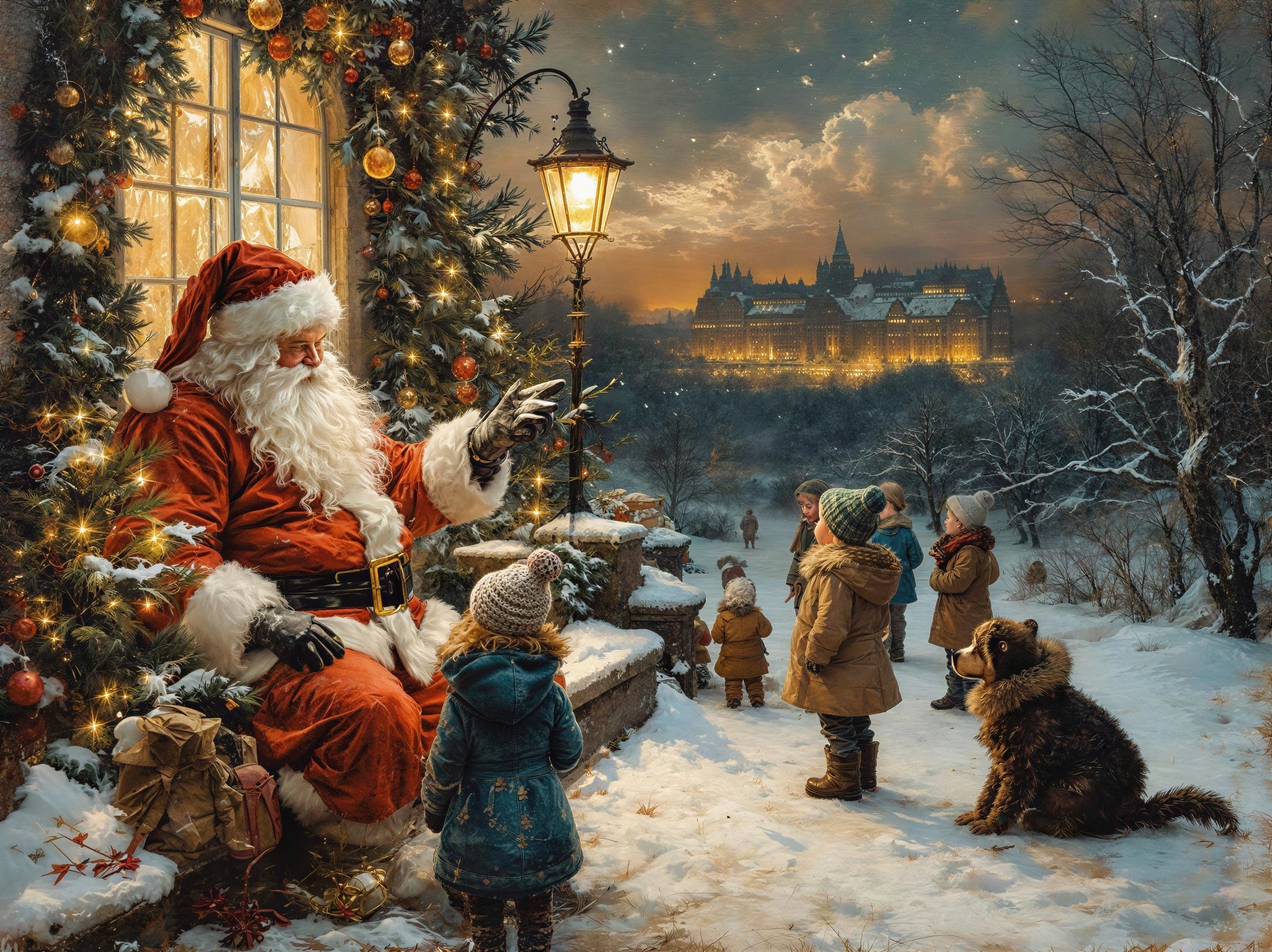 Santa Claus in Traditional Attire with Festive Decor