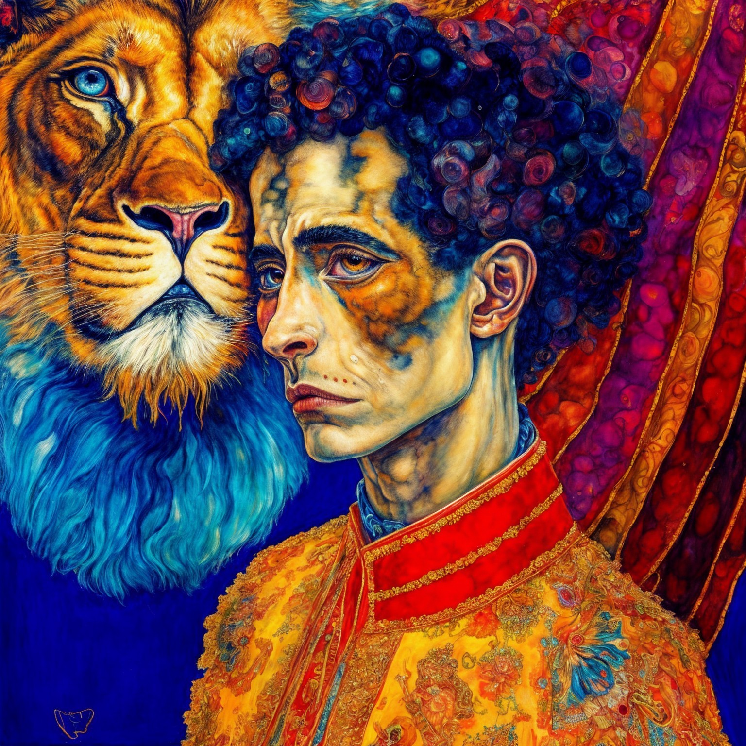 Colorful portrait of a man with a lion backdrop